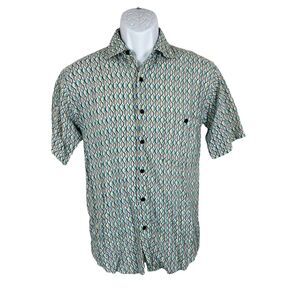 Bruno B Italy Button Up Shirt Men Small White Graphic Print Rayon Short Sleeve